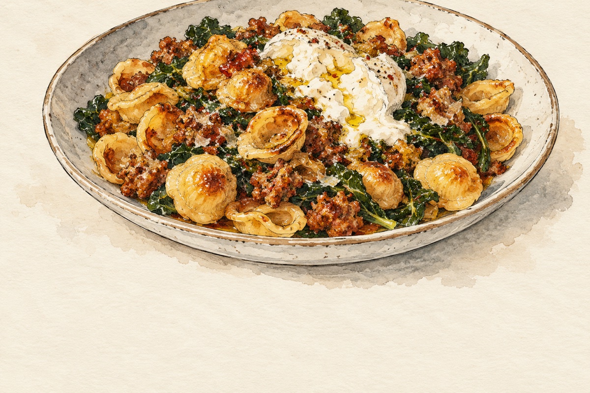 Crispy Orecchiette With Spicy Sausage & Collard Ragù