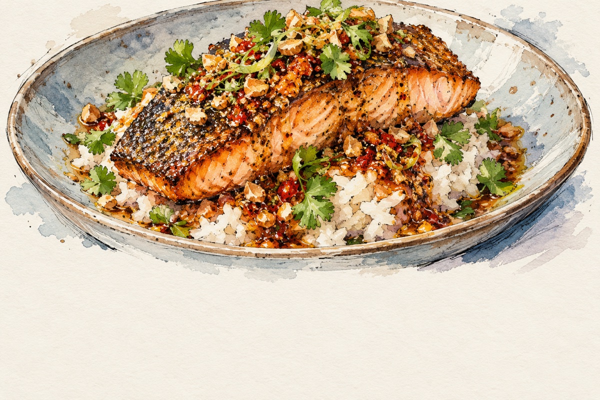 Crispy Salmon With Coconut Rice & Crackle Sauce