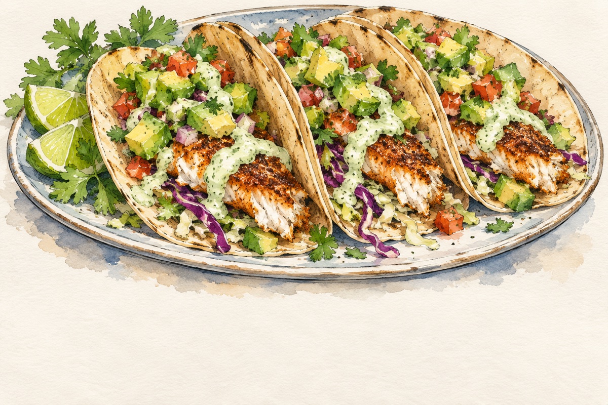 Fish Tacos With Jalapeño Cream & Avocado Salsa