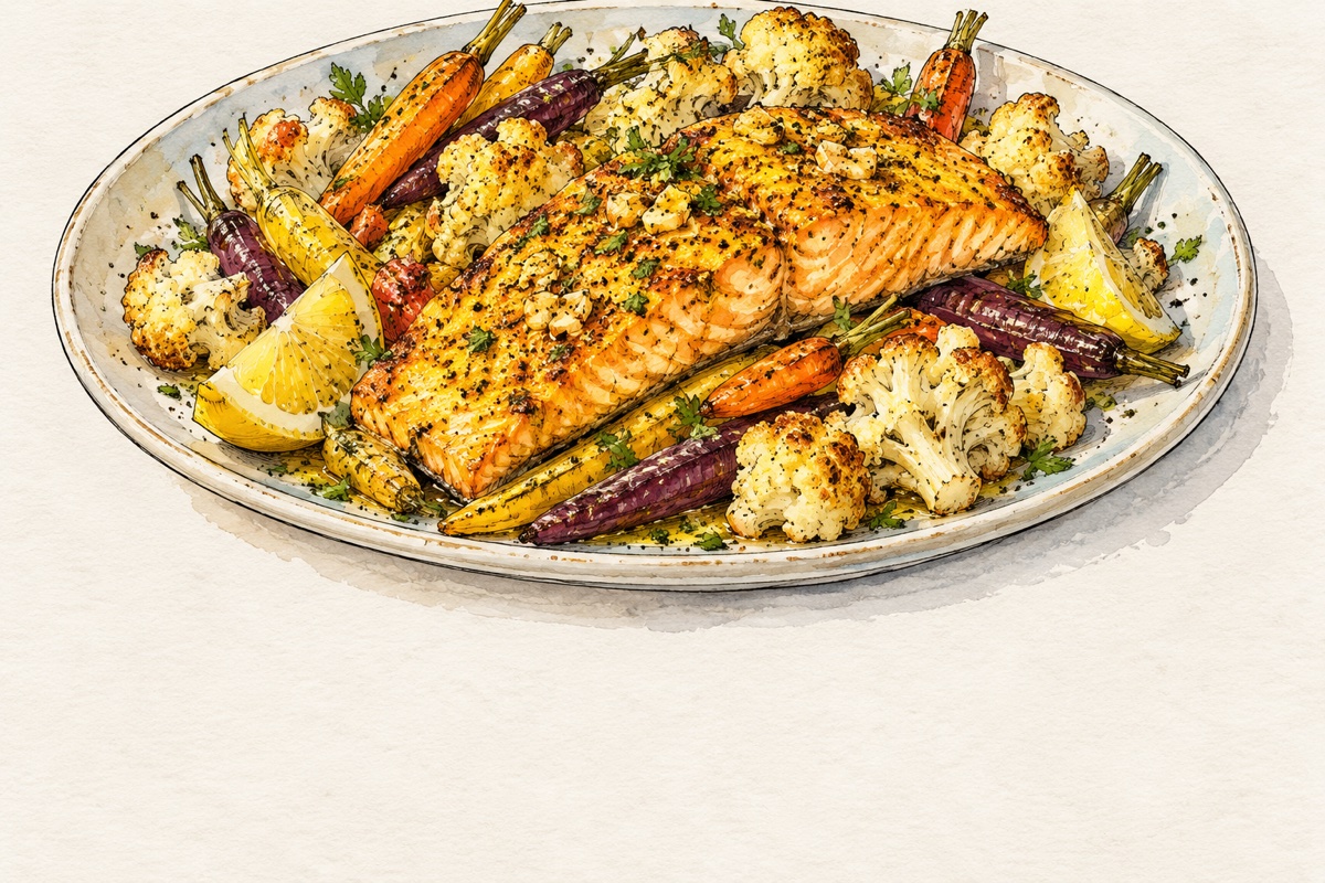 Garlic-Turmeric Salmon With Rainbow Carrots, Cauliflower, And Lemon