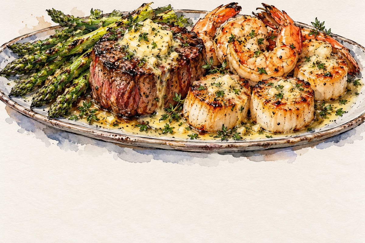 Grilled Surf And Turf With Asparagus And Herb Butter