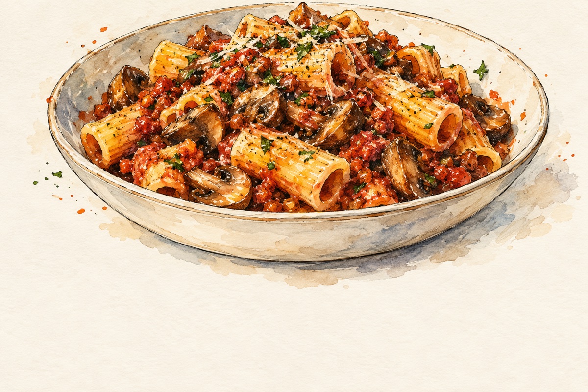 Rigatoni with Quick Mushroom Bolognese