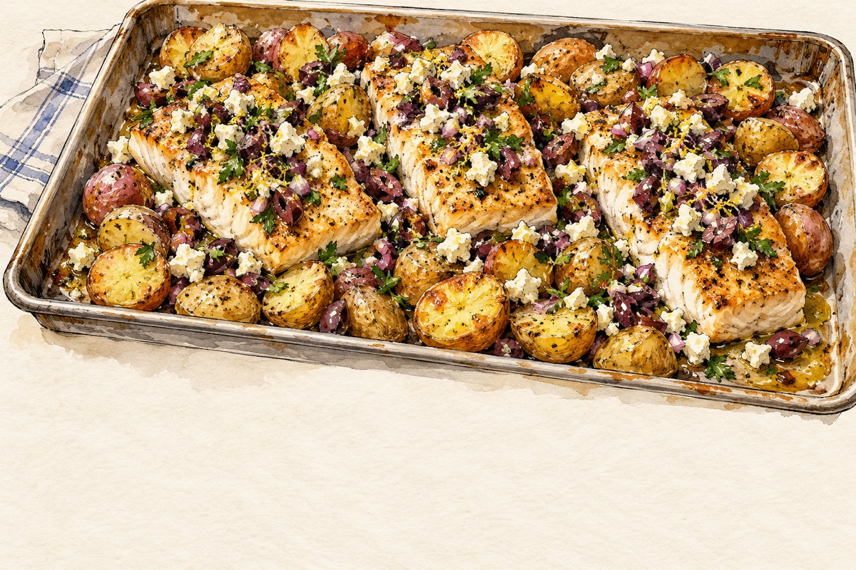 Sheet Pan Mahi Mahi & Baby Potatoes With Feta-Olive Dressing